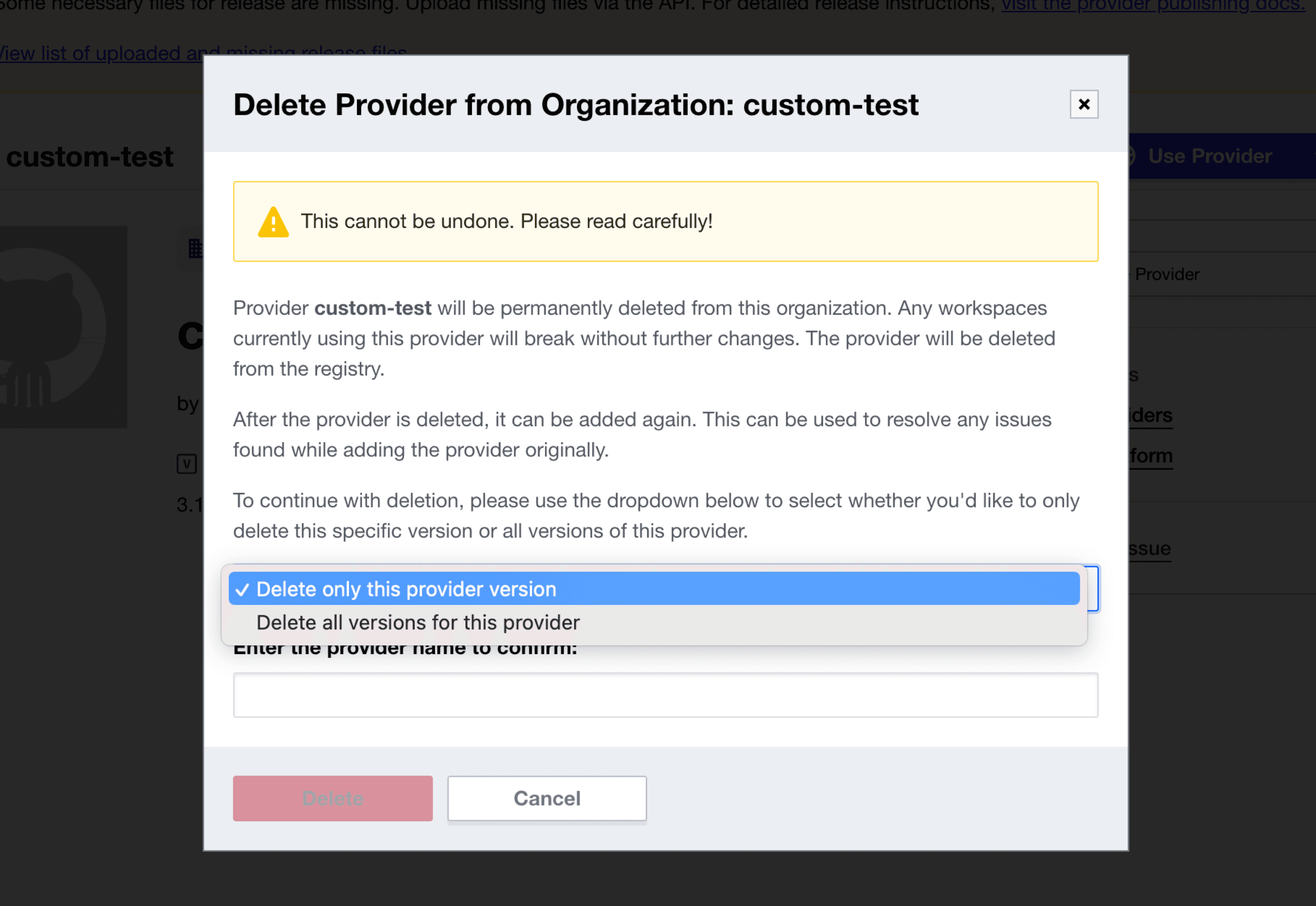 Terraform Cloud screenshot: the deletion dialog