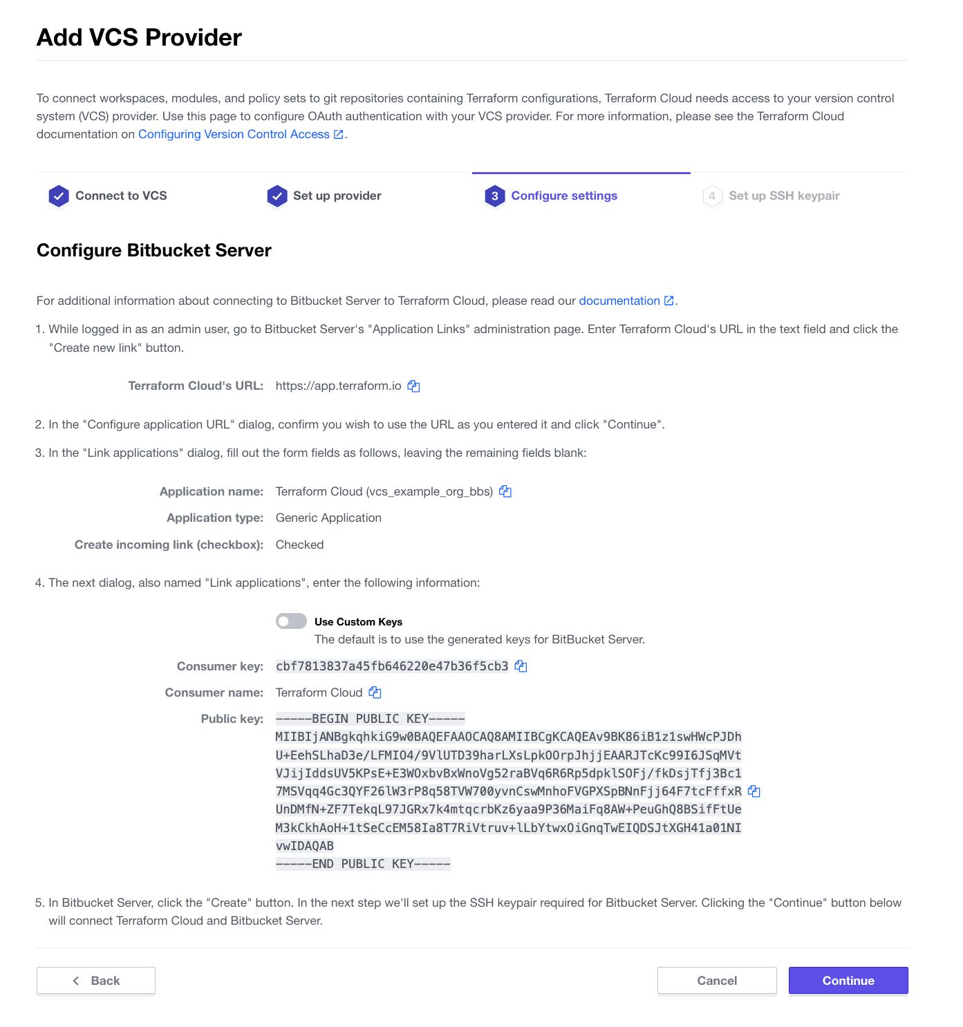 Terraform Cloud screenshot: Consumer key and public key