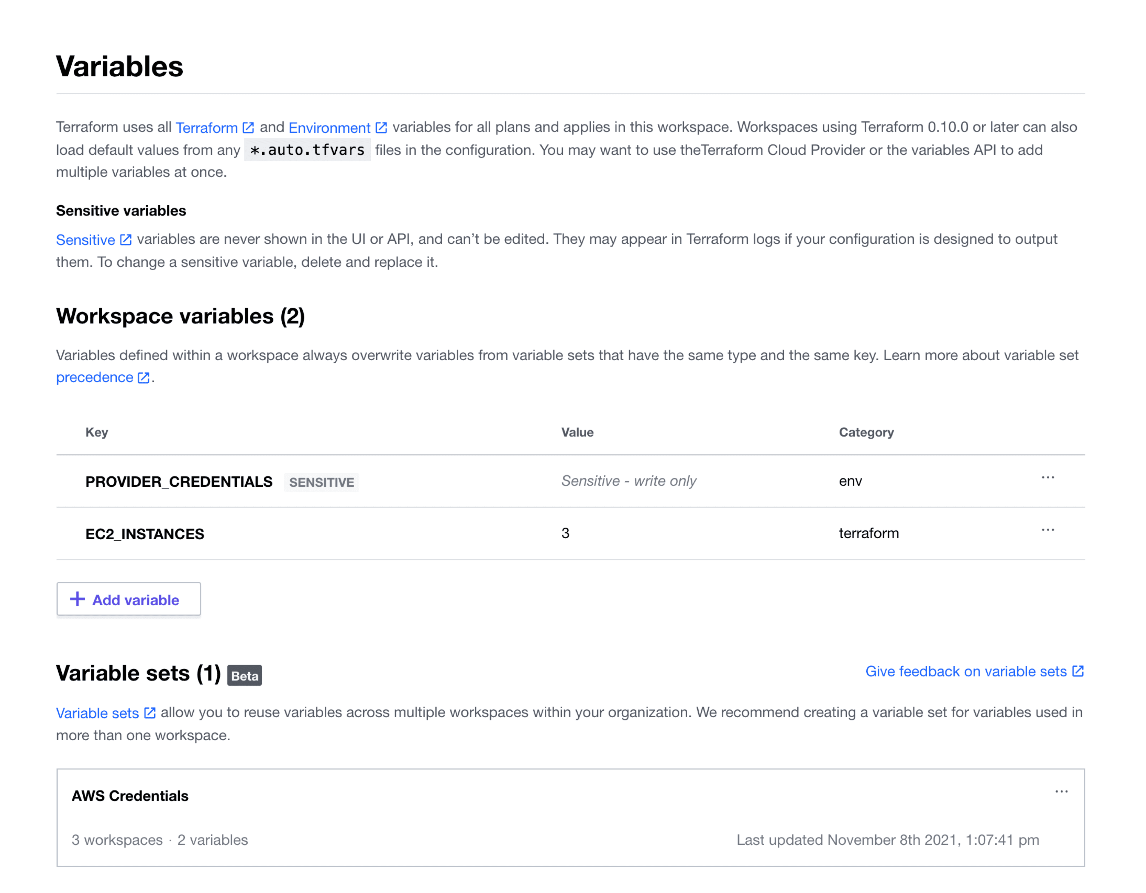 Screenshot: The variables page for a workspace