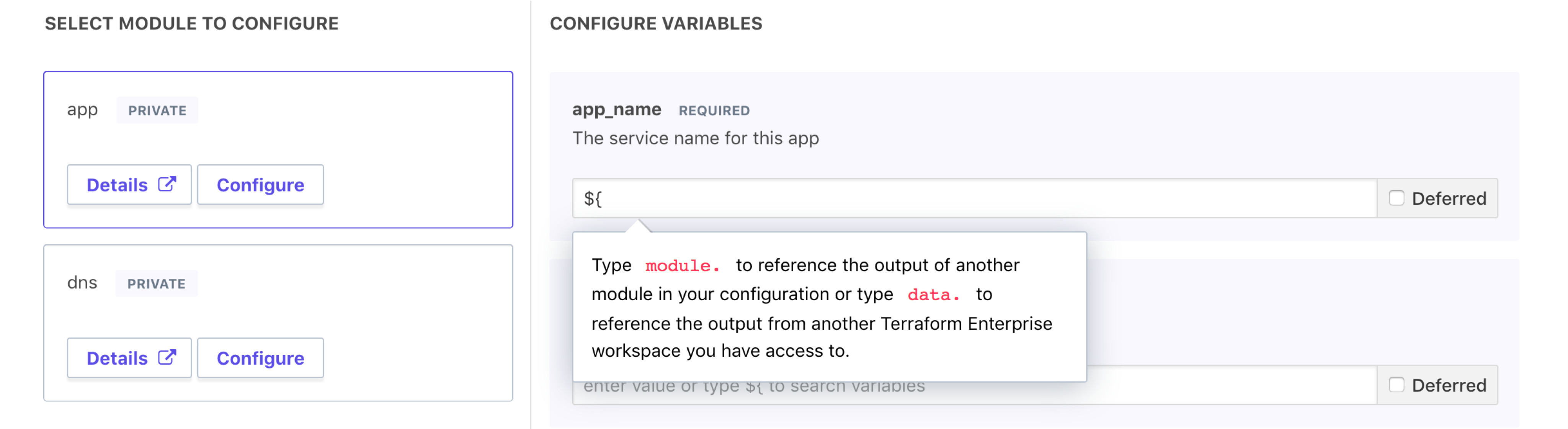 Terraform Cloud screenshot: interpolation help