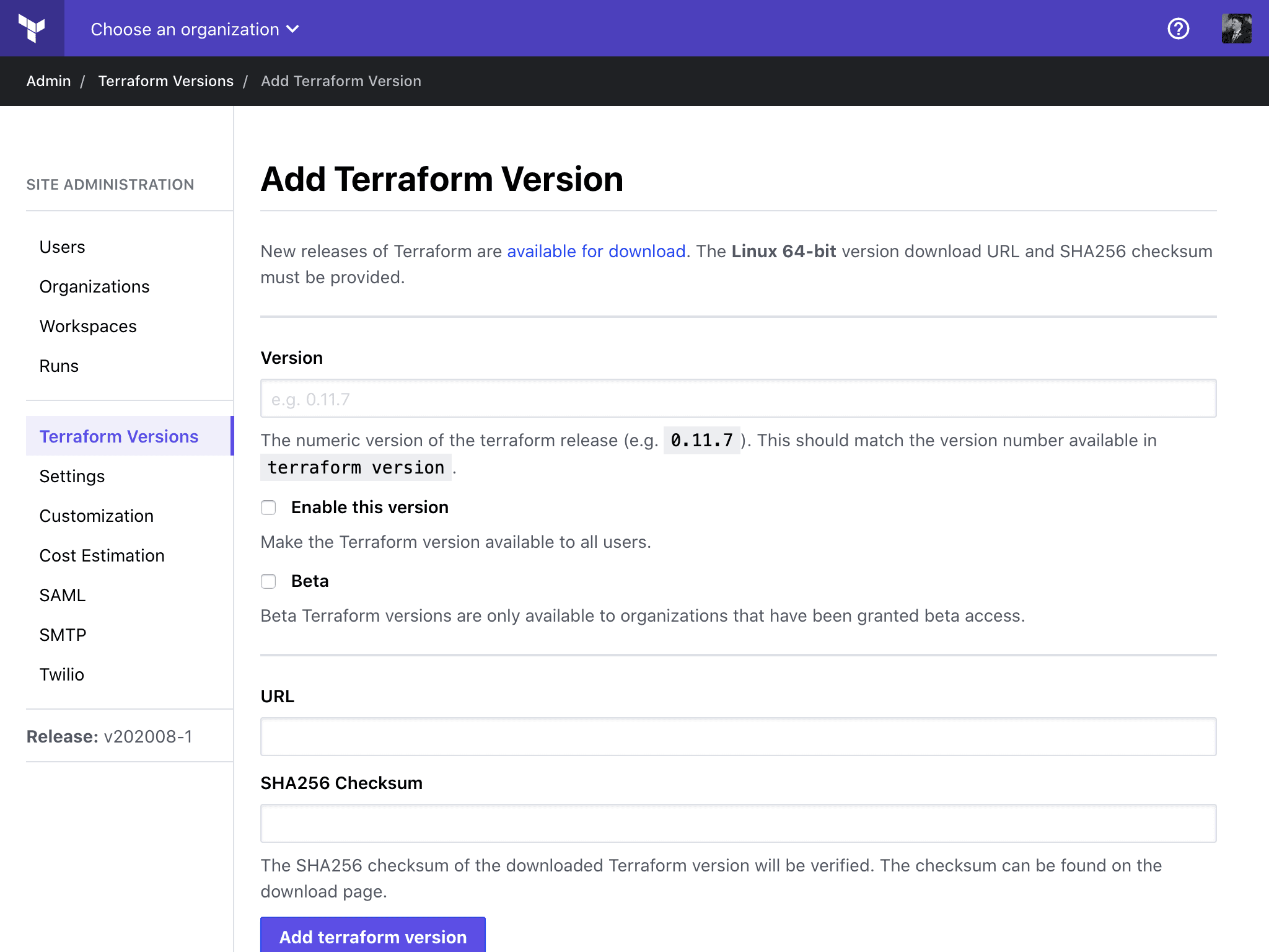 screenshot: the Add Terraform Version page