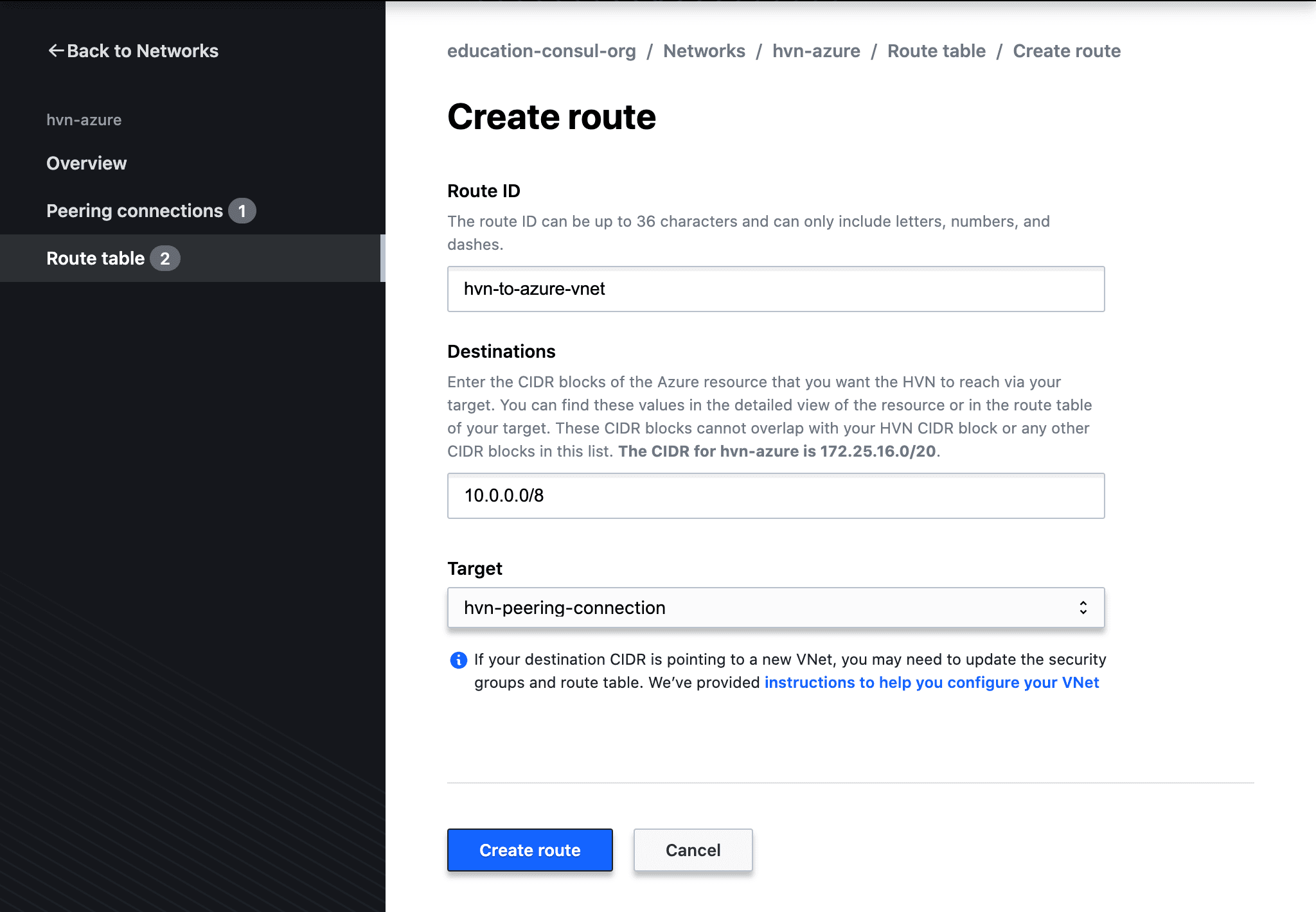 HVN Create Route form