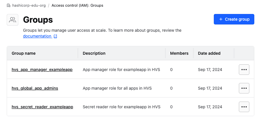 HCP Portal showing a list of groups created for HCP Vault Secrets