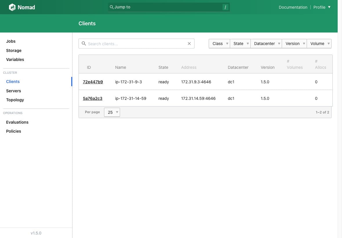 A screenshot of the Nomad UI displaying the list of clients in the cluster
