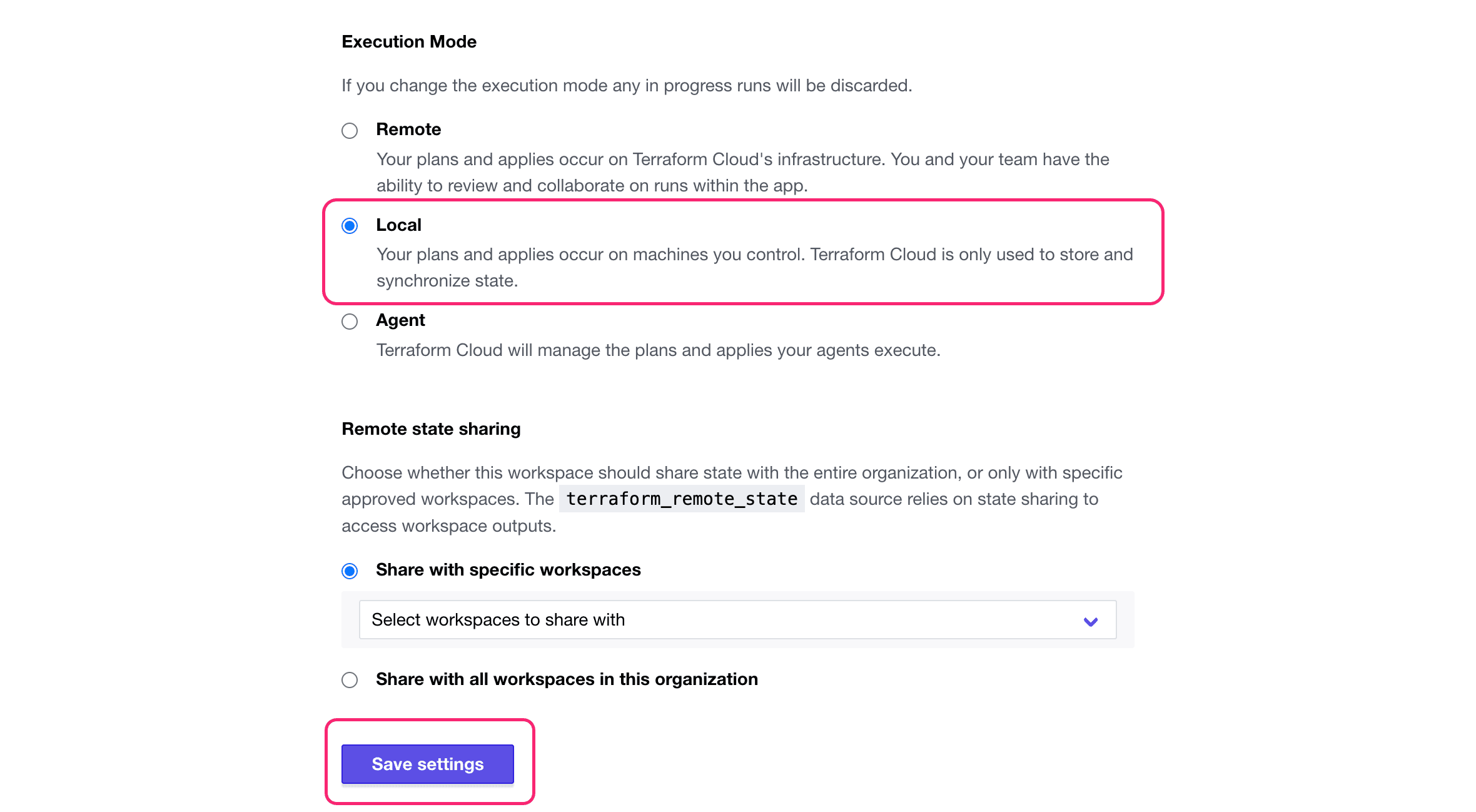 Set local execution mode for HCP Terraform workspace