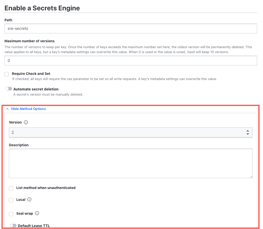 Vault UI showing the enable secrets engine method options pane
open